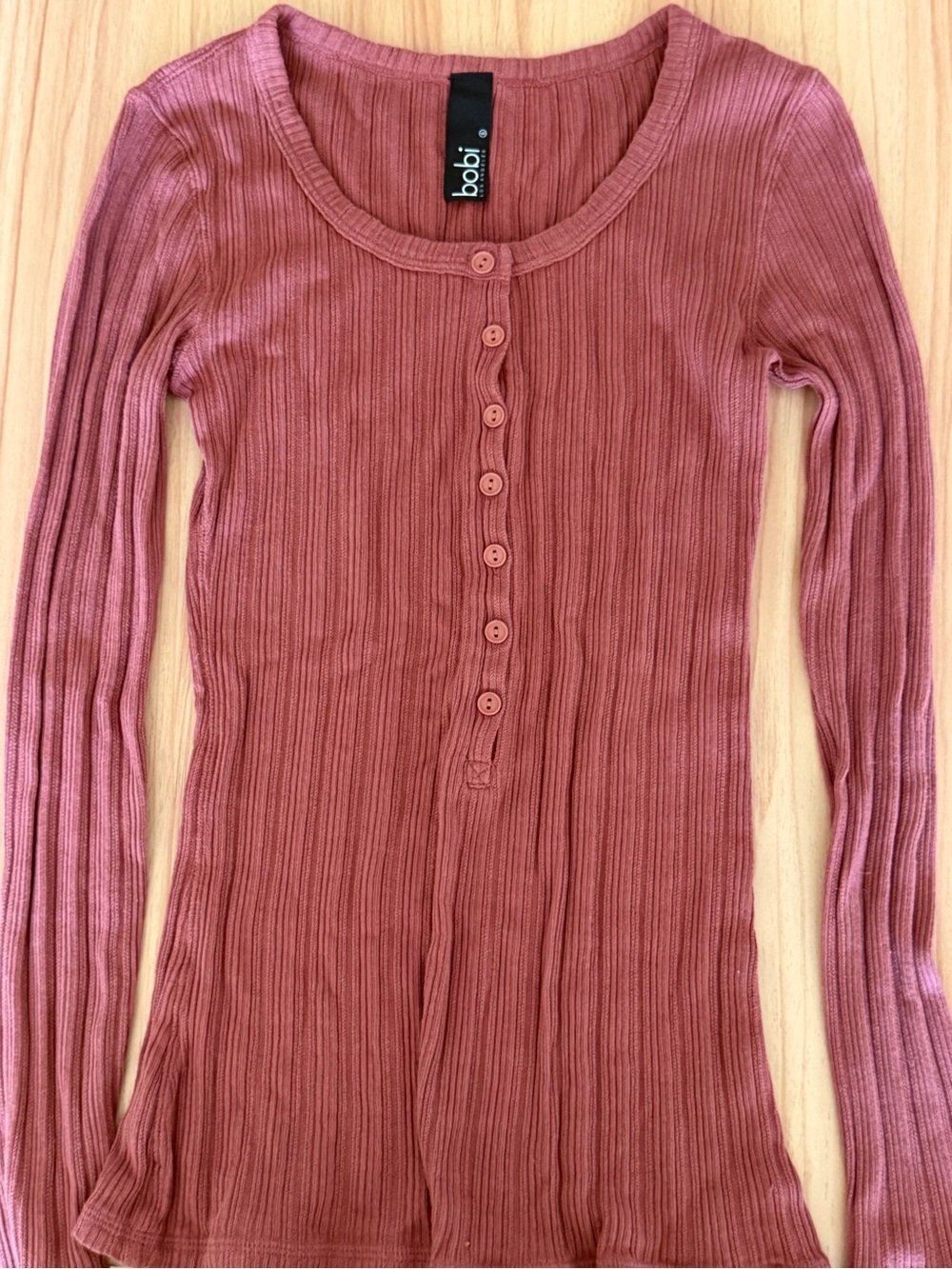 bobi Ribbed Henley Long Sleeve Top - Rosewood